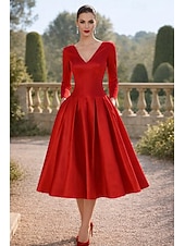 Недорогие Коктейльные платья-А-силуэт Ниже колена коктейльные платья Элегантный стиль Повседневные Полуформальные платья Рукав 3/4 V-образный вырез Вечеринка в саду Свадьба Сатин с Плиссировка