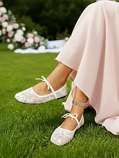 abordables Invitado a la boda-Elegantes bailarinas de encaje con punta cuadrada y lazo para mujer: perfectas para invitadas a bodas al aire libre y en el jardín, diseño cómodo y apto para césped.