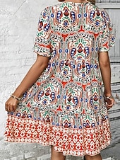 voordelige Vakantie Boho Jurk-Dames Mini-jurk strand jurk A lijn jurk Bloemetjesjurk Elegant Modieus Modern Dagelijks Buiten Vakantie Normale pasvorm Geometrisch Korte mouw V-hals blauw Rood Marine Blauw Oranje Zomer Lente Herfst