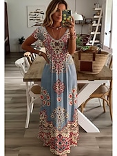 levne Boho šaty-Dámské Midi šaty Letní šaty Áčkové šaty prázdniny Na běžné nošení Cikánský Plážové Jdeme ven Standardní uložení Květinový Grafika Krátký rukáv Do V Vodní modrá Šedozelená Bílá Světle zelená Léto Jaro