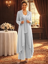 economico Tailleur pantalone della mamma-Tuta Completo Pantalone Tre Pezzi Lunghezza al pavimento Abito da cerimonia per signora Senza Maniche Scollo a V Elegante Festa Formale Ospite di nozze Pizzo Misto Lino-Cotone Abiti con Giacca con