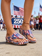 billige Damesko-USAs 250-årsjubileum Kvinners rød-blå patriotiske USA-flagg kile sandaler – Komfortable polstrede sommersko parader festivaler gåing og hverdagscasual