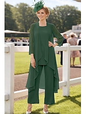 voordelige Broekpakken van mama-3-delig pak Tot de grond Moeder van de bruid jurk Mouwloos Nek boot Elegant Grote maten Bruiloft gast Chiffon Wrap inbegrepen met Effen kleur