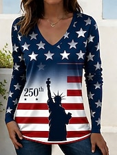 cheap Independence Day Top-American Independence Day Women's T Shirt Tee Top Print Graphic American Flag Stylish Classic Casual Long Sleeve V Neck Regular Tops Daily Going out Weekend Blue Navy Blue Summer Spring Fall