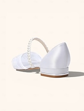 olcso Nők-női elefántcsont csipke gyöngypántos alacsony sarkú menyasszonyi cipők, elegáns kényelmes lapos talpú cipők menyasszonynak, kültéri kerti esküvőre