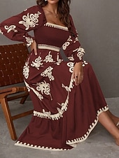 abordables Vestido Boho de Vacaciones-Mujer Vestido maxi Vestido de una línea Vestido de flores Elegante Moda Moderno Exterior Vacaciones Fiesta Ajuste regular Floral Manga Larga Escote Cuadrado Negro Burdeos Marrón Albaricoque Primavera