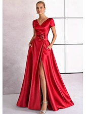 billiga A-linje kvällsklänningar-A-linje Golvlång Kvälls klänningar Elegant Den lilla svarta Hög split Kortärmad V-hals Bröllop Formell Ficka Satäng Djupt ringad rygg med Broderad blomma Veckad