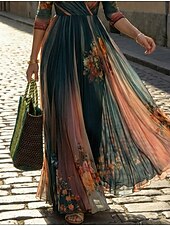 Χαμηλού Κόστους Κομψά φλοράλ φορέματα-γυναικείο μακρύ φόρεμα μάξι φόρεμα casual φόρεμα swing φόρεμα φλοράλ καλοκαιρινό φόρεμα boho φόρεμα vintage διακοπές καθημερινό εορταστικό κανονική εφαρμογή φλοράλ μακρυμάνικο ντεκολτέ V μπλε καλοκαίρι