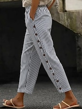 cheap Pants-Women's Linen Pants Trousers Casual Pants Summer Pants Vacation Fashion Basic Full Length Mid Waist Plain Striped Side Pockets Comfort Inelastic Holiday Casual Daily Light Gray Brown And White Dark