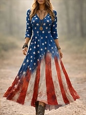  Sukienka midi patriotyczna na Dzień Niepodległości casual na imprezę boho na randkę regularne dopasowanie z grafiką flagi długie rękawy dekolt w serek niebieska lato wiosna