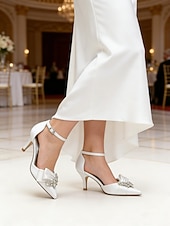 abordables novia-Elegantes zapatos de novia de satén con detalle de diamantes de imitación para mujer: punta puntiaguda, tacón bajo, tira al tobillo y varios colores.