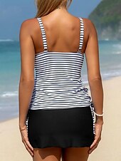 preiswerte Tankinis-Damen Badeanzug Tankini Zweiteilig Rock Bademode Bauchkontrolle Hohe Taille Schlank Rückenfrei Urlaub Strandbekleidung Gestreift V Ausschnitt Ärmellos Badeanzüge
