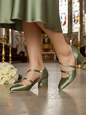 baratos Mãe da Noiva/Namorado-Sapatos Mary Jane femininos de salto bloco de cetim verde dos anos 1950 – elegantes sapatos vintage com tiras cruzadas para casamentos, festas e eventos formais