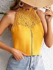 Недорогие Кружевные топы-Жен. Кружевной топ Блуза Кружева Пэчворк Сплошной цвет Полотняное плетение Стиль Современное На каждый день Без рукавов Вырез под горло НАЙКА НЕКО Обычные топы Повседневные Праздники На выход