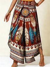 cheap Boho Pants-Women's Wide Leg Pants Trousers Casual Pants Vacation Casual Boho Full Length Medium Waist Graphic Feather Layered Asymmetric Comfort Soft Comfortable Inelastic Daily Outdoor Vacation Claret-red