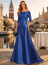 cheap Floor Length-A-Line Floor Length Wedding Guest Dress Formal Dresses Evening Gown Mother of the Bride Dress Half Sleeve Off Shoulder Elegant Minimalist Mother Engagement Formal Evening Chiffon Satin with Ruched