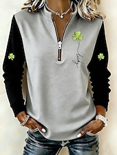 baratos Moletons e moletons de St Patrick-Moletom Feminino de São Patrício Pullover com Zíper Moletom Gráfico Shamrock Moda Casual Manga Longa Decote Redondo Zíper Metade Tops Regulares Roupas de Rua Diárias Estampado Verde Outono Inverno