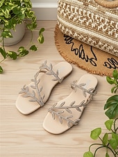 cheap Slide Sandals-Women's Glod Flat Sandals with Rhinestone Leaf Straps – Elegant Bohemian Style, Comfortable Slip-On Slides for Summer Beach Vacations and Tropical Resorts