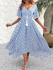 abordables Vestidos casuales con flores-Women's Long Dress Maxi Dress A Line Dress Floral Dress Elegant Fashion Modern Daily Outdoor Vacation Regular Fit Floral Short Sleeve V Neck Blue Black Brown Summer Spring