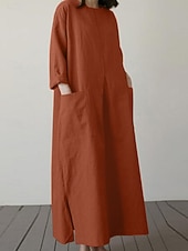 זול שמלות פו המהותיות-בגדי ריקוד נשים שמלת מיני פשתן כותנה דמוי עור שמלת שיפט יום יומי יומי מונח בצורה רפויה אחיד שרוול ארוך צווארון עגול קצר שחור כתום ירוק צבאי משמש קיץ אביב סתיו