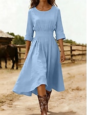 お買い得  シンプルなドレス-女性用 ミディドレス A ラインドレス 旅行度假风 カジュアル レギュラー 平織り 七分袖 クルーネック ブルー ブラック ピンク ネイビーブルー 夏 春 秋