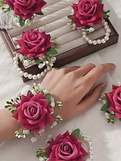 cheap Wedding Accessories-Women's Bridesmaid and Groomsman Corsage and Boutonniere Set, Available in Multiple Colors, Polyester Material, Perfect for Weddings and Parties