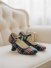 preiswerte Retro-Stil der 1950er Jahre-Rote Mary-Jane-Pumps mit Karomuster und schwarzem Besatz – Vintage-Schuhe im Stil der 1950er-Jahre mit runder Zehenpartie und Blockabsatz, perfekt für Retro-Partys und den Büroalltag. &amp;stilvolle Damen