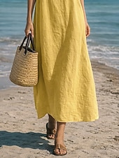 economico Vestiti-Per donna Abito maxi Finto cotone e lino Abito a Tubino Abito Estivo Abito Sottoveste Casual Spiaggia Quotidiano Vestibilità comoda Semplice Senza Maniche Collo a U Blu blu navy Giallo Rosso Estate