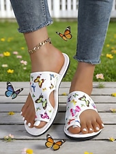 cheap Slide Sandals-Women's White Butterfly Print Flat Slide Sandals – Casual Summer Style, Lightweight Comfort for Ladies, Beach, Vacation, Garden &amp; Daily Wear