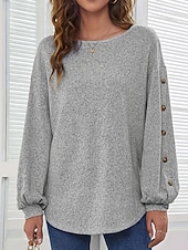 economico T-shirt semplice-Per donna Maglietta Bottoni Semplice Moda Elegante Classico Manica Lunga Girocollo Top Regolari Quotidiano Uscire Weekend Grigio Primavera Autunno