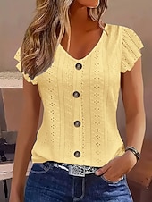 baratos Camiseta lisa-Mulheres Camiseta T-shirt Frufru Ilhó Botões Tecido Moda à moda Clássico Manga Curta Decote V Tops regulares Diário Para Noite Final de semana Branco Amarelo Rosa Azul Céu Verde Verão Primavera