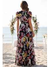 economico Lunghezza del pavimento-Linea ad A Lunghezza al pavimento Abito da cerimonia per signora Manica Corta Scollo a V Elegante Formale Ospite di nozze Chiffon con Blocco di Colore