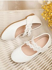 preiswerte Kinder &amp; Blumenmädchen-Elegante weiße Mary-Jane-Schuhe für Mädchen mit floralem Spitzenriemen und Perlenverzierungen, weichem Obermaterial aus PU-Leder und bequemer flacher Sohle, klassischer Prinzessinnenstil, perfekte