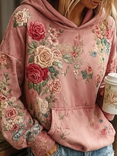 levne Květinové mikiny-Dámská 3D tisková vintage boho mikina patchwork s květinovým pulovrem ležérní dlouhý rukáv mikina s kapucí každodenní nošení přední kapsa travně světle růžová fialová zelená jaro podzim zima