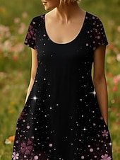  Mulheres Vestido maxi longo Vestido casual Vestido Boho Vintage Diário Ao ar livre Praia Ajuste Largo Floral Manga Curta Decote U Preto Verão Primavera