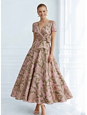 billige Cocktailkjoler-A-linje Ankellengde Cocktailkjoler Elegant Årgang Blomster Kortermet V-hals Hage fest Formell Lomme Jacquard Cowlhals med Sløyfe(r) Bølgemønster