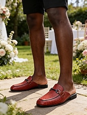 billiga Loafers-Röda slip-on loafers för män, krokodilpräglad ovandel, rygglös mule-design, elegant smart casual-stil för strandbröllop, trädgårdsceremonier och sommarevenemang