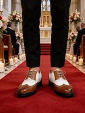 economico Scarpe Oxford-scarpe eleganti da uomo bicolore, stile oxford marrone e bianco, design con lacci, look vintage elegante per matrimoni e occasioni formali