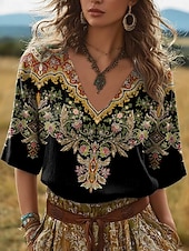 preiswerte Hemden-Damen Leinenähnliches Faux-Baumwoll-Leinen Boho T-Shirt Florales Grafik Pflanzen Vintage Stilvoll Klassisch Kurzarm V-Ausschnitt Reguläre Oberteile Täglich Wochenende Urlaubsbekleidung Print Schwarz