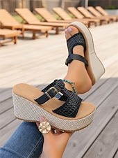 tanie Sandały na koturnie-damskie białe sandały na koturnie z paskiem ze sprzączką – stylowe i wygodne obuwie na lato, plażę i imprezy przy basenie