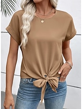 Недорогие Простая футболка-Жен. Блуза Сплошной цвет Элегантный стиль Стиль Классический С короткими рукавами Вырез под горло Обычные топы Повседневные Офис Черный Красный Хаки Бежевый Лето Весна Осень Зима