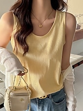 billiga Enkel tank-Dam T-shirt Blus Lappverk Ensfärgat Mode Modern Ledigt Ärmlös Rund hals Vanliga toppar Dagligen Utekväll Helgen Svart Vit Gul Rodnande Rosa Aprikos Sommar Vår