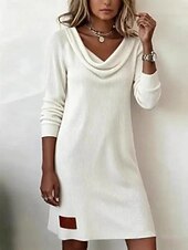 ieftine Rochie albă-Pentru femei Rochie Mini Rochii Tricot Rochie teacă Casual Zilnic Fit regulat Simplu Manșon Lung Glugă Gât Negru Alb Bej Gri Toamnă Iarnă