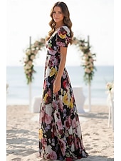 economico Lunghezza del pavimento-Linea ad A Lunghezza al pavimento Abito da cerimonia per signora Manica Corta Scollo a V Elegante Formale Ospite di nozze Chiffon con Blocco di Colore