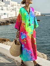 economico Arte &amp; Design Abiti-Abito Maxi da Donna in Lino Abito Casual Giornaliero Fit Lungo Ombre Grafica Maniche Lunghe Collo a V Blu Giallo Rosso Viola Estate Primavera
