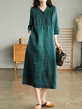 economico Vestiti-Per donna Abito Midi Abiti effetto lino Abito a Tubino Abito Estivo Casual Quotidiano Vestibilità comoda Semplice Manica 3/4 Scollo a V Blu Arancione Verde Beige Estate Autunno