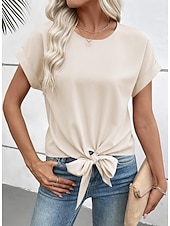 Недорогие Простая футболка-Жен. Блуза Сплошной цвет Элегантный стиль Стиль Классический С короткими рукавами Вырез под горло Обычные топы Повседневные Офис Черный Красный Хаки Бежевый Лето Весна Осень Зима