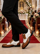 economico Scarpe Oxford-scarpe eleganti da uomo bicolore, stile oxford marrone e bianco, design con lacci, look vintage elegante per matrimoni e occasioni formali