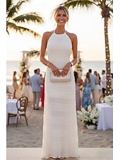 economico Piccole vestiti bianchi-Linea ad A Lunghezza al pavimento Abito Bianco Abiti per invitati a matrimoni Elegante Senza Maniche All'americana Festa in giardino Matrimonio con Arricciato