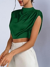 preiswerte Schicke Blusen-Damen Hemd Satinhemd Bluse Wickel-Crop-Top Gerafft Einfach Vintage Stilvoll Klassisch Kurzarm Hoher Ausschnitt Crop Tops Täglich Ferien Ausgehen Schwarz Weiß Marineblau Braun Grün Frühling Herbst